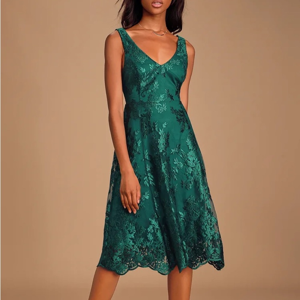 Lulus Belynn Forest Green Embroidered Sleeveless Midi Dress XS